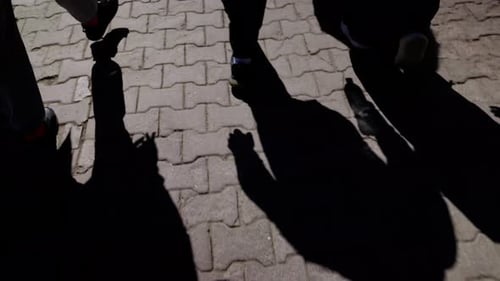 Gruppe von Menschen, die Schatten auf das Kopfsteinpflaster werfen und das gesellige Beisammensein in einer Stadt im Freien widerspiegeln