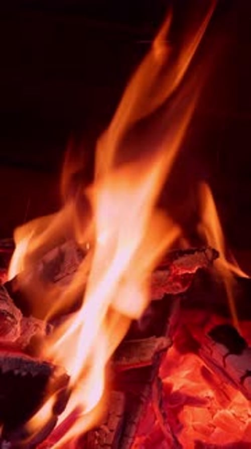 Du bois brûle dans le feu de camp. Les bûches se transforment en charbon de bois et en braises. Gros plan.