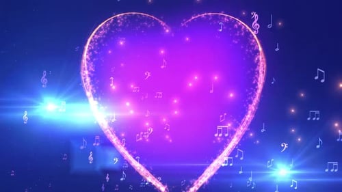 Animated Glowing Heart with Musical Notes and Shimmering Particles