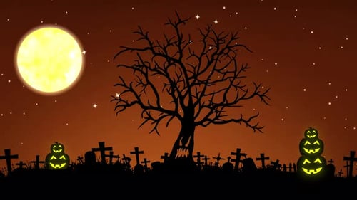 Scary Night of Halloween Background Animation with Stars Moon Trees and Pumpkins