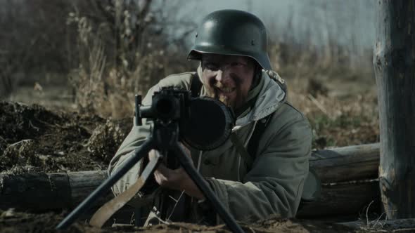 Soldier in Trench Aims Machine Gun in Daytime, Military Stock Footage ...