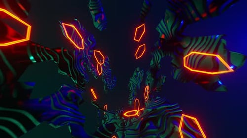 Abstract circular tunnel of neon lights in dark with zebras. looped animation