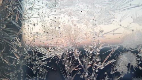 Beautiful Frost Pattern on Window First Glow of Sunlight on the Horizon