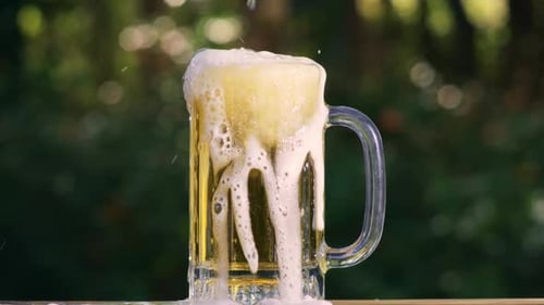 Beer Mug Filled and Overflowing with Foam Outside