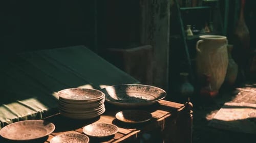 Rustic Pottery and Decorative Plates Displayed on Wooden Table in Market