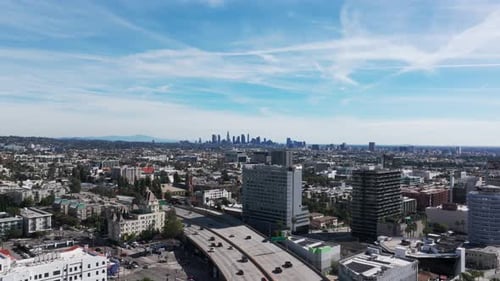 Drone shot showing the busy highway coming into los angeles, california