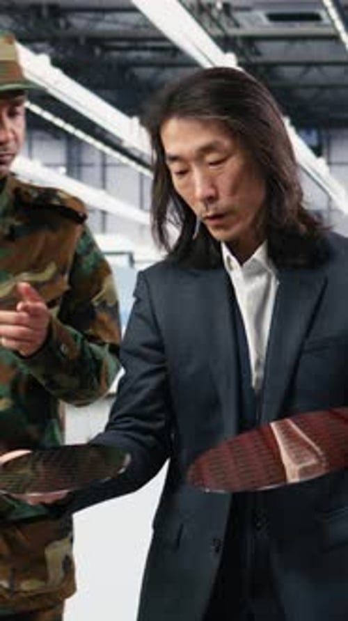 Vertical Video Increasing Microchips Production Defense Gear and Factory Manager with Soldier