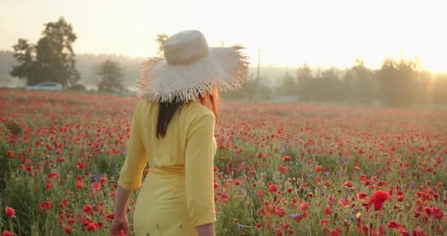 Brunette Woman in a Yellow Dress and Straw Hat Walking in Poppy Field at Sunrise