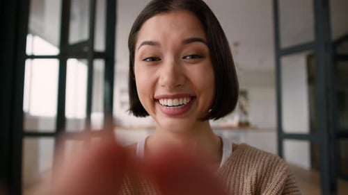 Point of View POV Phone Webcam Happy Joyful Woman Caucasian Latina Casual Girl Female Influencer