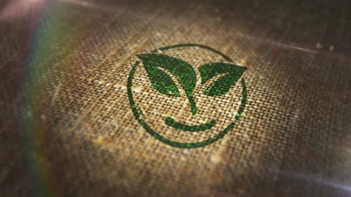 Sello con el símbolo ecológico Leaf Smile en saco de lino