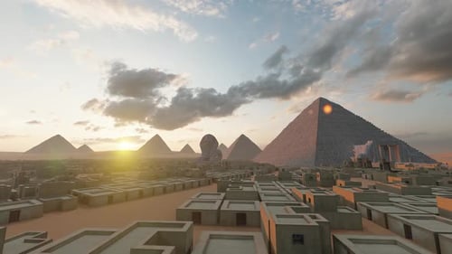 3D Animated Flyover of Ancient Egyptian Pyramids and Sphinx at Sunset