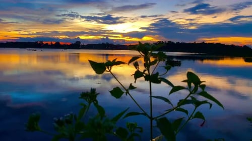 The beautiful sunset over the calm waters of the lake makes for a perfect view