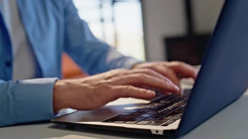 Man Hands Typing Laptop in Home Office Interior Closeup Guy Texting Keyboard