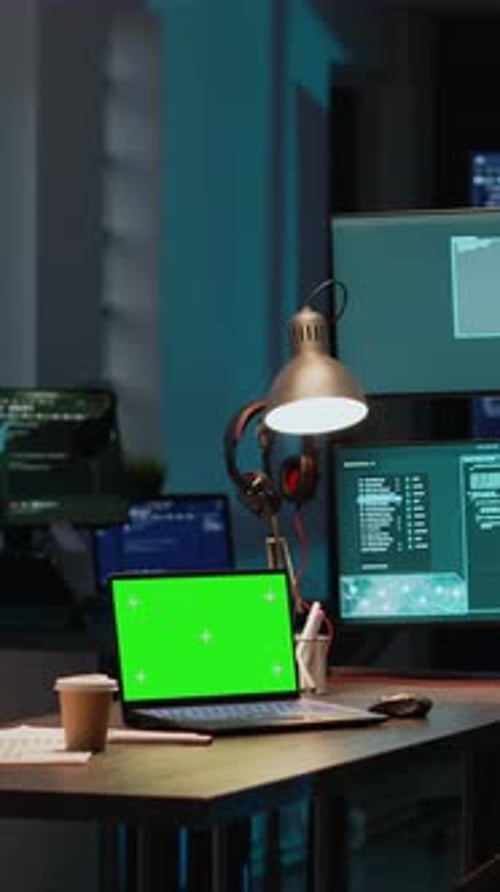 Hacker masculino de vídeo vertical usando o Greenscreen para invadir o servidor de TI