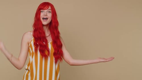 Girl Pointing Empty Place Advertising Area for Commercial Text Copy Space for Goods Promotion