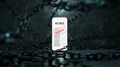 Ambiance sombre avec chaînes en fer. La tromperie des citoyens mène à la guerre. Fausses nouvelles sur l'écran du téléphone.