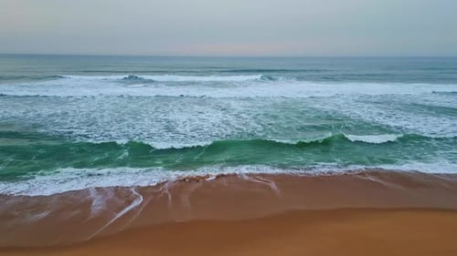 Gloomy Ocean Surf Horizon Close Up. Serene Sea Coast with Foaming Grey