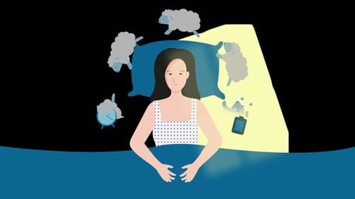 woman with insomnia counting sheep to get to sleep, sleep disorder sleeping problems 4k animation