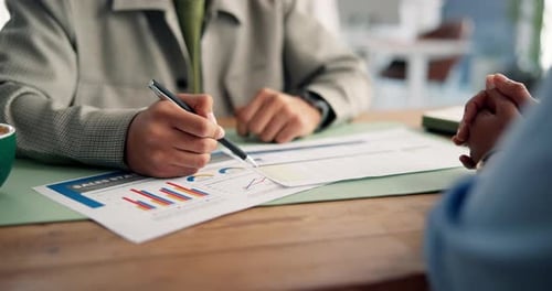 Financial advisor, client or hands with paperwork in office, investment review