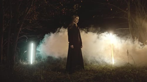 Modelo posando com máquina de neblina na floresta à noite