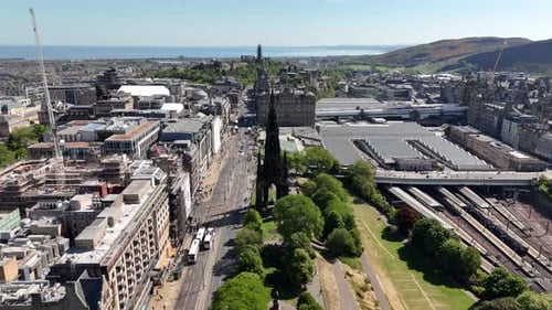 Drone shot of Scott Monument in Edinburgh, Scotland, United Kingdom