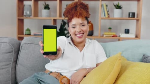 Black woman, mockup phone screen and face smile in house for advertising promotion