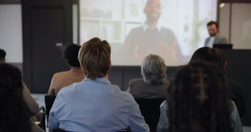Video conference, audience or presenter with projector for trade show, teaching