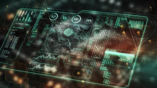 Pantalla de visualización frontal que muestra el mapa de la ciudad y el análisis de datos con líneas y puntos brillantes