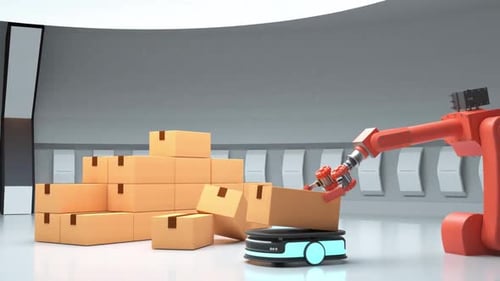 Automated Modern Retail Warehouse AGV Robots Transporting Cardboard Boxes in Distribution Logistics