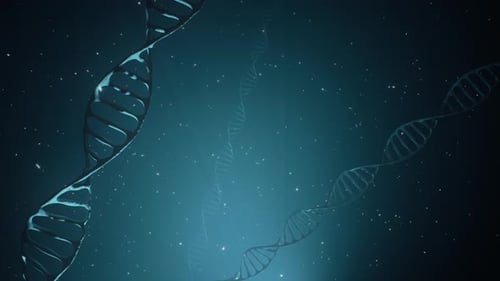 Animation 3D d'une molécule d'ADN en rotation sur fond bleu. Concept de génétique