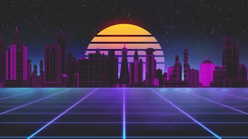 Stylized Vintage 3D Animation Background with Modern City Sun and Glowing Stars