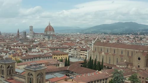 aerial drone view of florence city, Italy. from a distance you can see the Cathedral of Florence