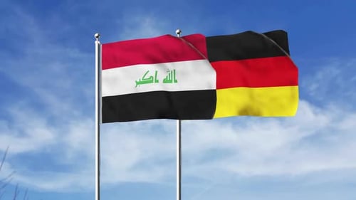 Iraq and Germany Flags Waving Together in Blue Sky