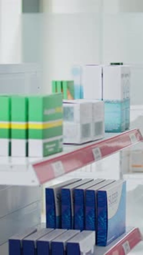Vertical Video Empty Pharmacy Stocked with Medical Products and Nutrients