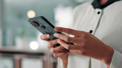 Business person, hands and typing with phone for communication, chatting or texting at office