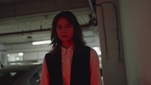 Young Woman Contemplating in a Dimly Lit Parking Garage