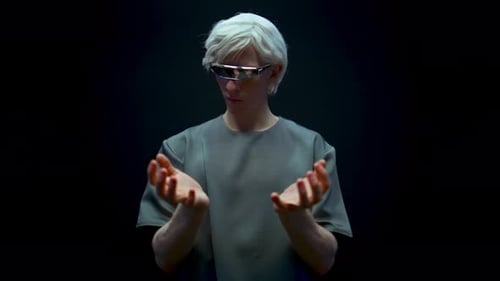 Metaverse man gesturing in augmented simulation typing on virtual keyboard