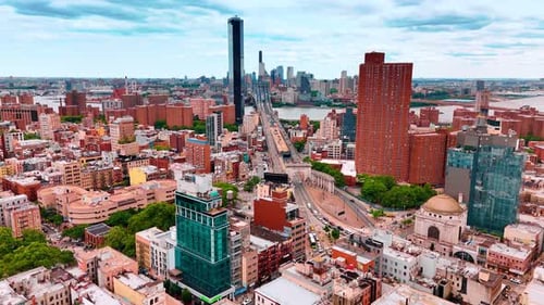 Flight over modern New York, USA on a gloomy day.