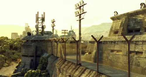 Alte Festung mit Funktürmen und Stacheldraht in einer sonnenbeschienenen Landschaft