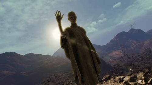 Fermer une ancienne statue dans un paysage panoramique