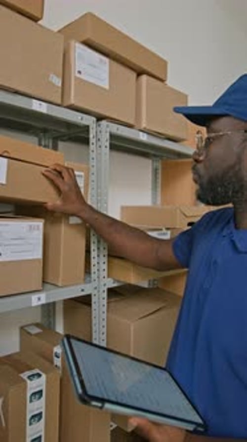 Black Male Pickup Point Associate Inspecting Packages on Rack