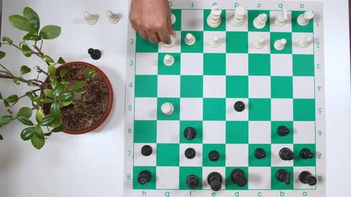 Opponent Captures Black Pawn With White Bishop. Playing Chess Board Game. top view