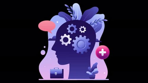 mental health, head with flowers and gears, psychological help animation 4k on alpha channel