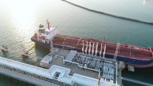 Aerial View of a Tanker is Loading in Oil Berth Harbour Terminal