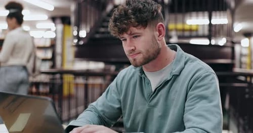 Student, thinking and man with knowledge, pc and typing with education, university and decision