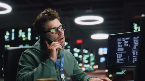 Coder Guy Answering Cellphone Call Coding Computer at Night Workplace Closeup