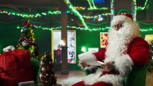 Santa Claus reads a letter in festive setting