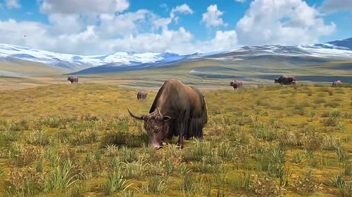 Yaks Grazing in Snowy Mountain Pasture Landscape