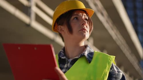 Woman Inspects Construction Site with Clipboard