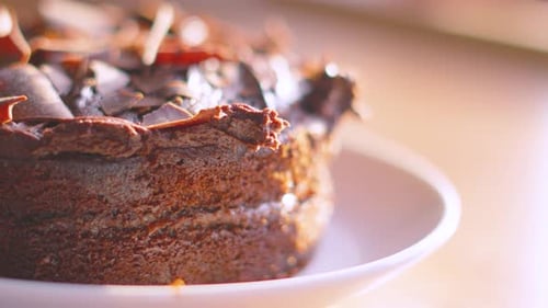 Close Up of Milk Cake Dessert in Natural Lighting with Sun Flare.